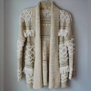 Lucky Brand boho Aztec southwestern earthy chunky knit fringe open cardigan S